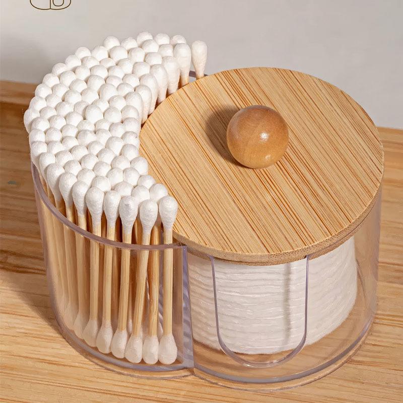 2-in-1 One-piece Bamboo Cover Cotton Swab Box, Makeup Remover Cotton Storage Box, Desktop Cotton Storage Box Round Storage.