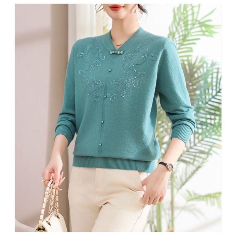 Women's 2025 Autumn Spliced Round Neck Button Solid Color Fashion Knitted Sweater T-Shirt Top
