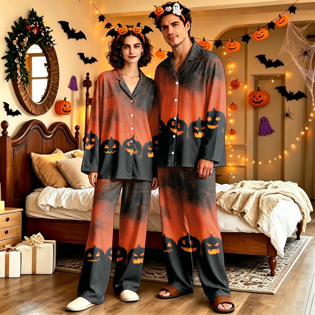 Adult Halloween Pajama Set Long Sleeve Long Pants Casual Loose Fit Sleepwear for Women and Men