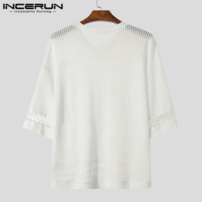 INCERUN Oversized Men Summer O-neck Half Sleeve Hollow See Through T-Shirts