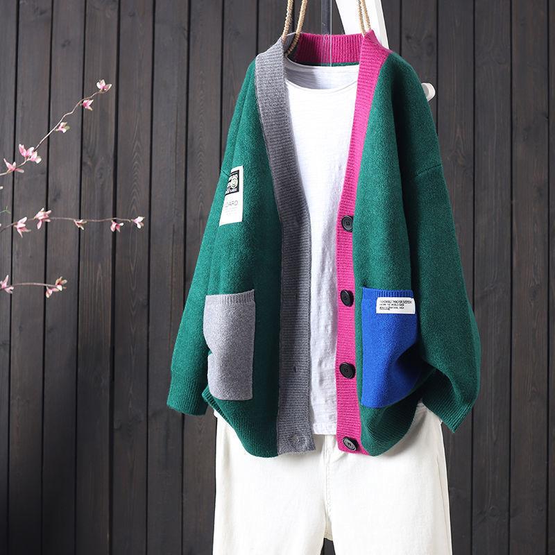 Women Sweaters V Neck Long Sleeved Cardigan Jumpers Knit Patchwork Loose Sweater Thick Spliced Elegant Outwear Pockets