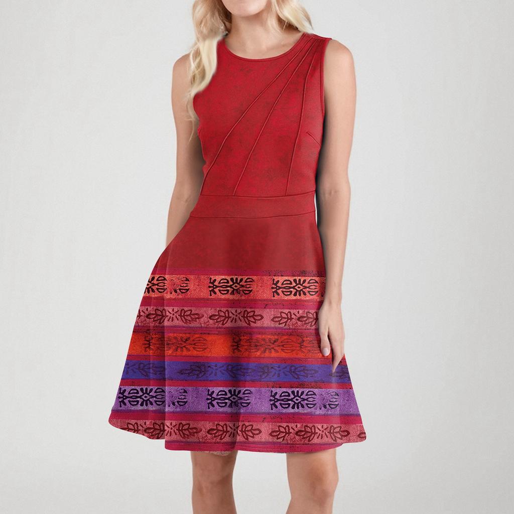 Women's Summer Sleeveless Casual Slim Fit Printed Vest Beach Swing A-Line Sun Skirt