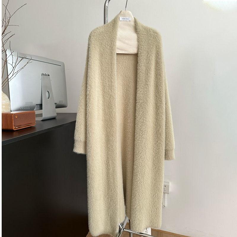 Women's Long Knitted Cardigan Jacket Autumn Winter Loose Faux Mink Fleece Knit Sweater Coat Solid Fleece Open Front Cardigan Coat