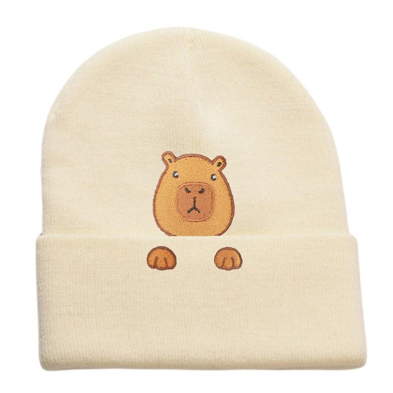 Capybara Embroidered Flower Knitted Hat Versatile Wool Hat Outdoor Cycling Thermal Hat
