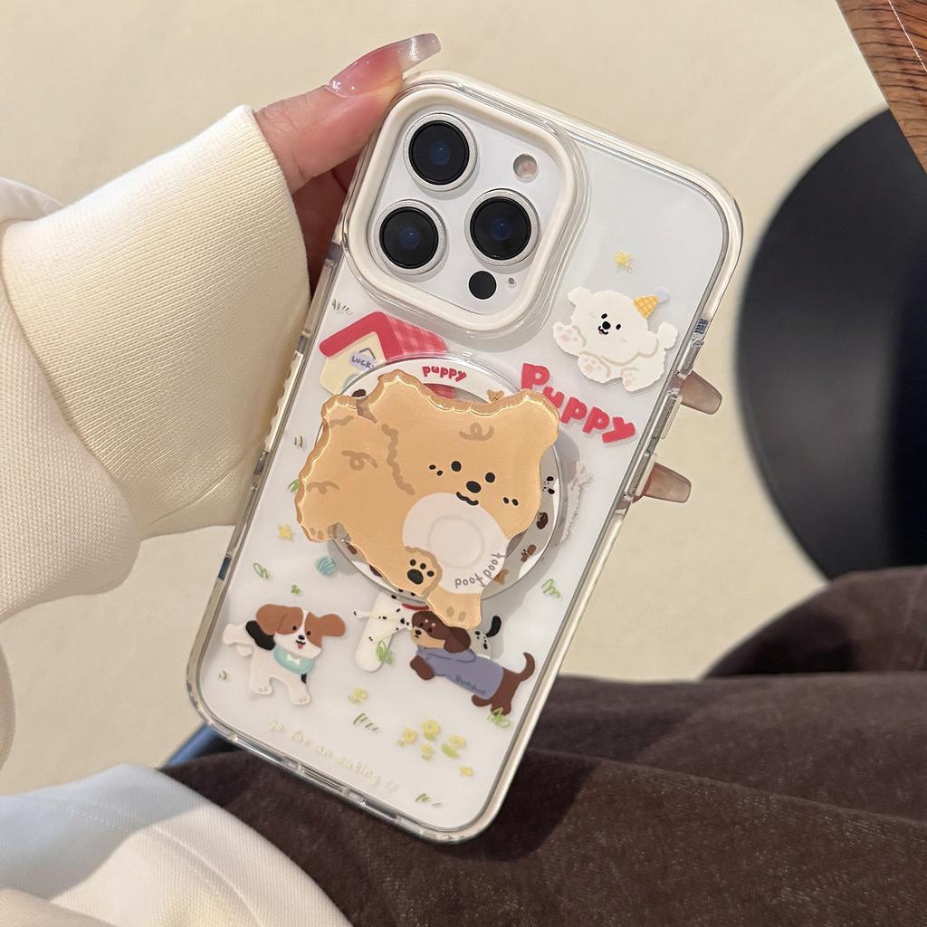 Cartoon Magnetic Suction Bracket 15Promax Cute Puppy IPhone 16 Mobile Phone Case 14 Suitable for 13 Anti Fall 12 Soft Cover