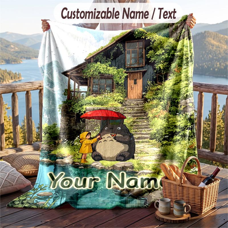 Custom Text Flannel Throw Blanket, Lightweight Cozy Bed Sofa BlanketMy Neighbor Totoro