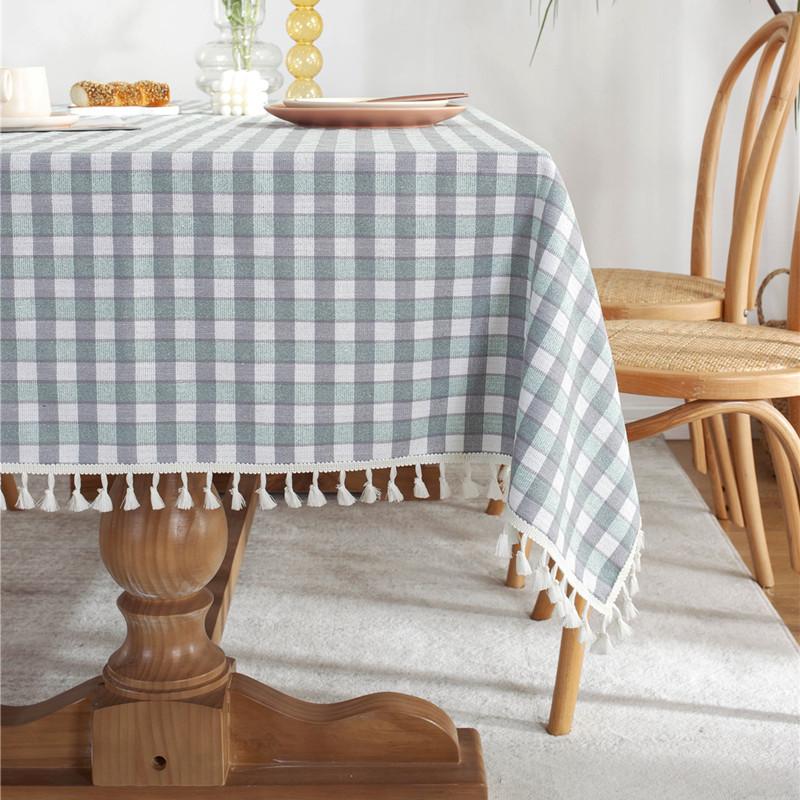 Silver Color Matching Plaid Polyester Fringed Tablecloth Geometric Rectangular Coffee Table Dining Table