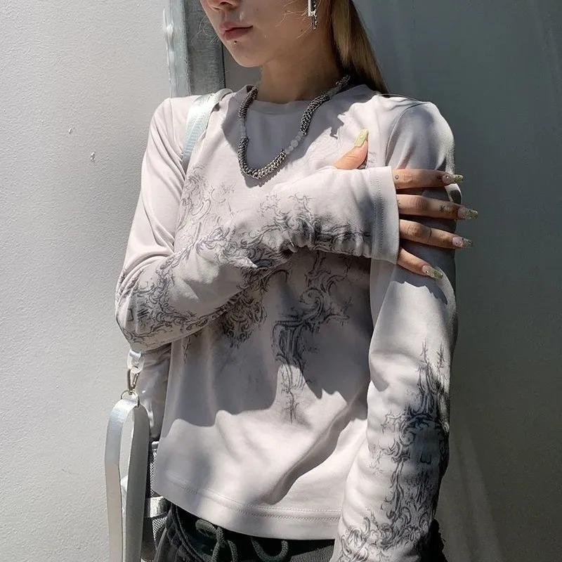 Vintage Women Clothes Y2k T-shirts 2022 O-neck Long Sleeve Print Woman Tshirts Fashion Casual Tops Gothic Crop Top