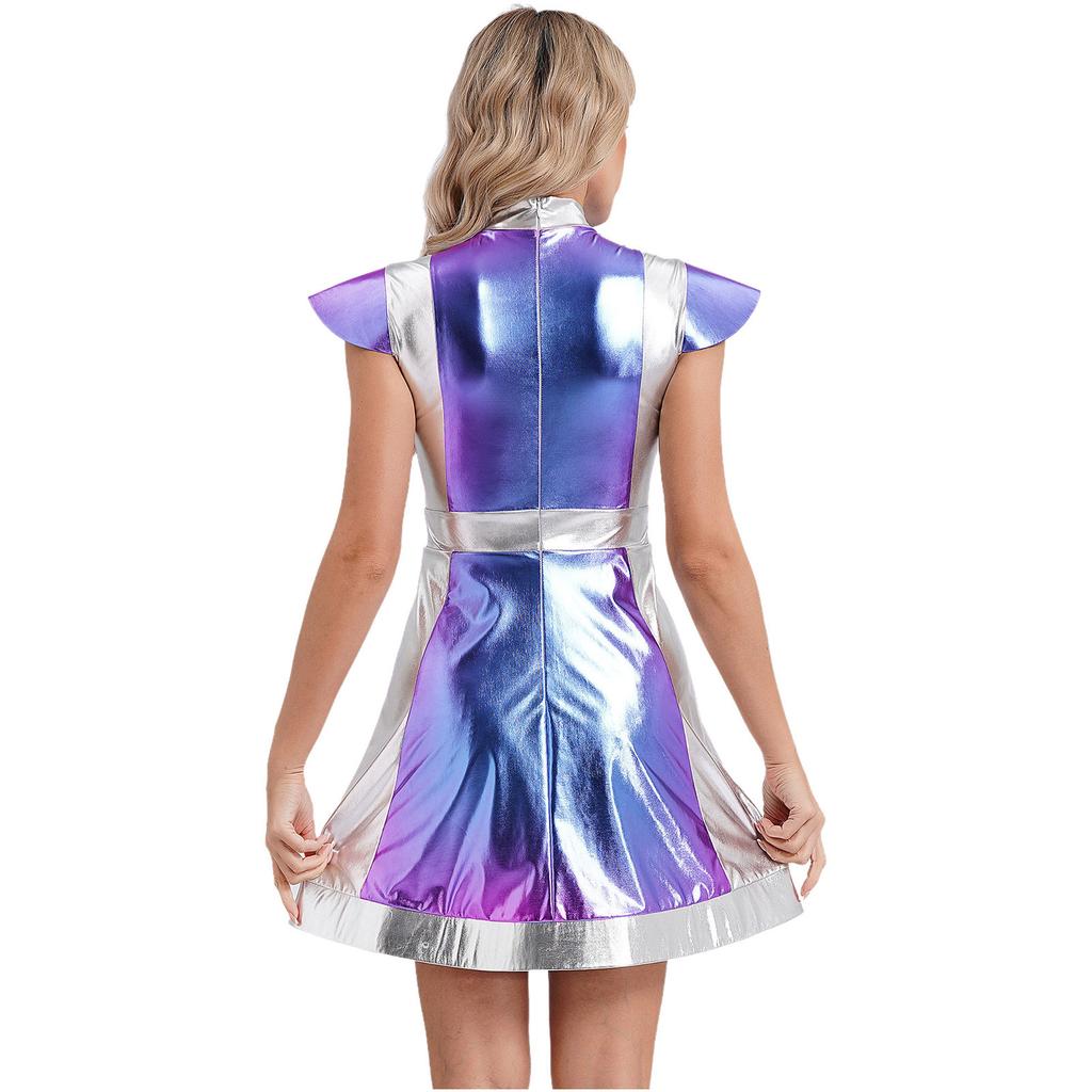 Womens Space Fighter Costume Mock Neck Cap Sleeve Metallic Shiny Contrast Dress Alien Dressup