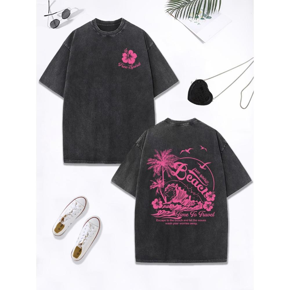 Time To Travel Beach Wave Prints Washed T-Shirt Women Cotton Oversized Tops Comfortable Distressed Clothes