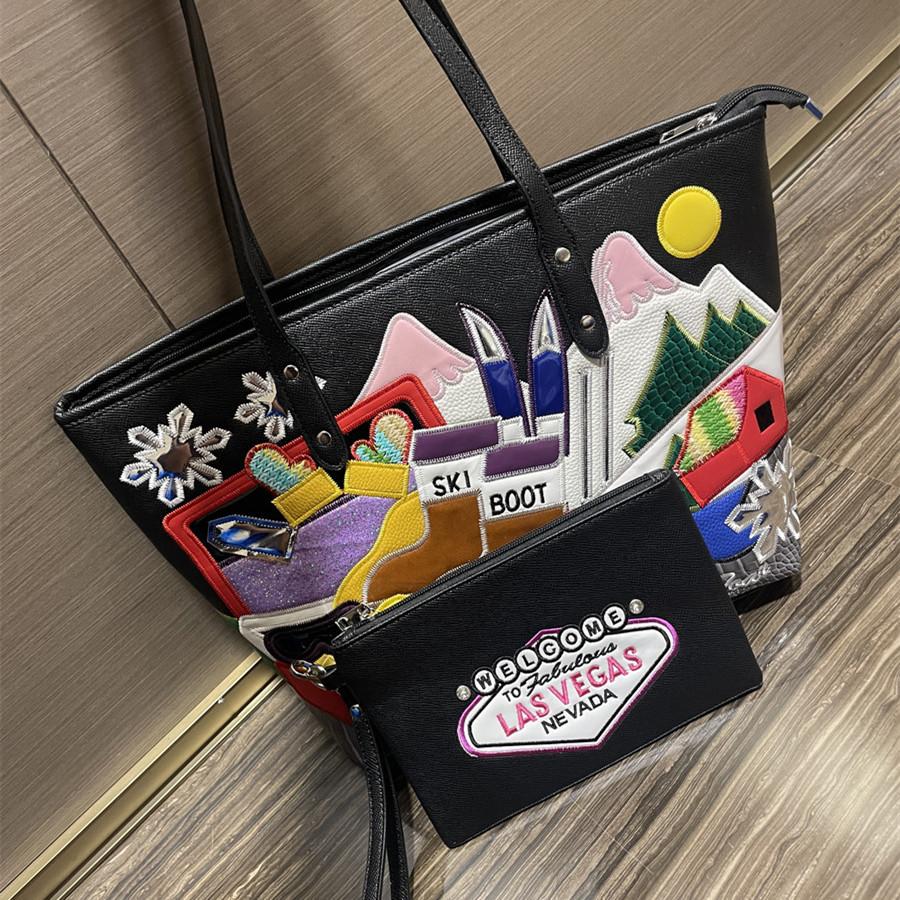 Women'S Shoulder Bag Splicing Embroidery Trendy Bag Versatile Large Capacity Tote Bag Shopping Bag