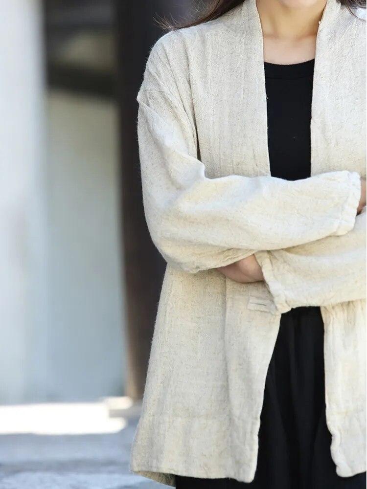 Johnature Camicia da donna autunnale vintage con cuciture tinta unita, scollo a V, in lino, maniche lunghe larghe