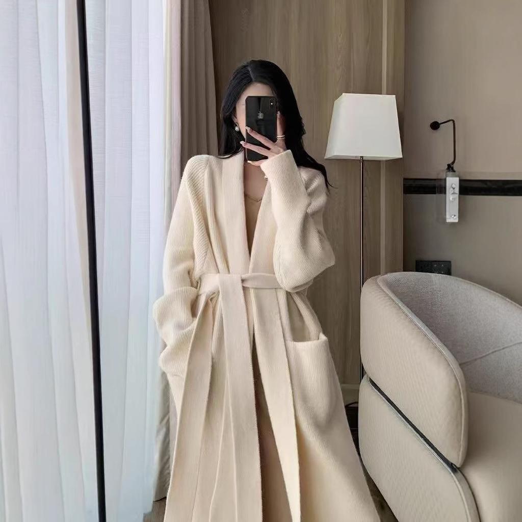 Premium sweater cardigan women's autumn and winter medium and long loose knitted jacket loose lazy bathrobe lace-up coat