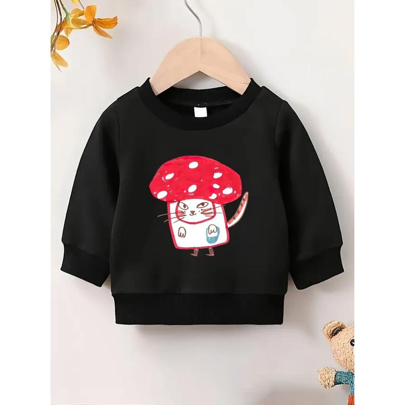 European sizes Adorable Red Mushroom Cat Print Sweatshirt for Kids, Designed , Featuring a Easy Round Neck And Comfortable Outdoor Wear for Ages 0-3