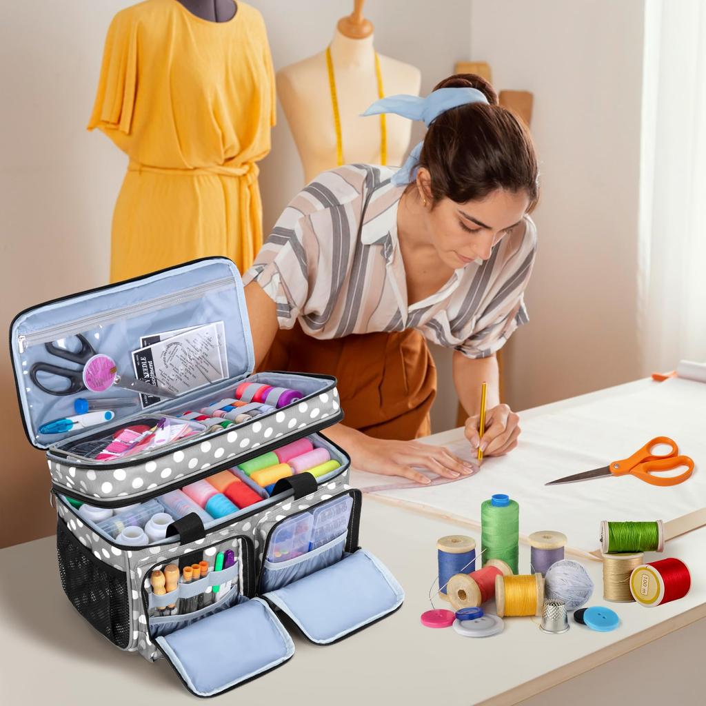 BAFASO Sewing Large Capacity Sewing with Divider Pads and Removable Sewing Box Bag Gray Dot Box, Bag, Double-Layered Pouch, Only,