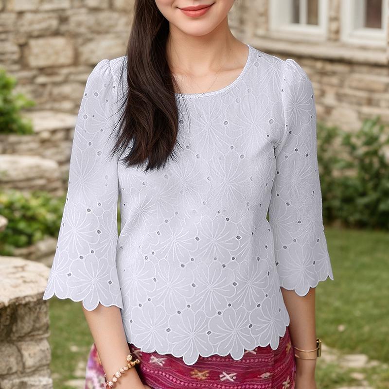 

ZANZEA Women Casual Round Neck Embroidery Crochet Patchwork 3/4 Sleeve Blouse 5XL