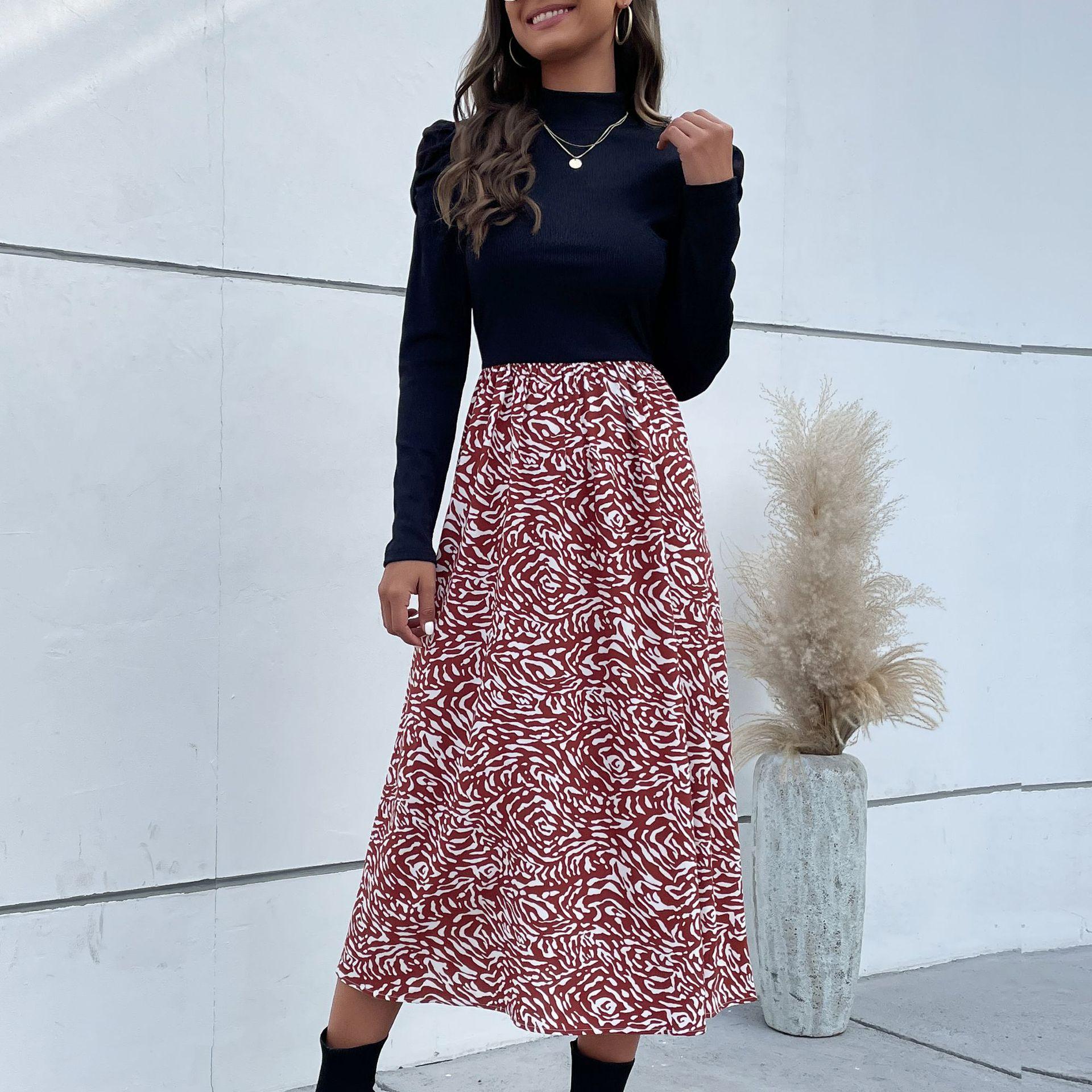 

Весенне-осеннее женское платье с полувысоким воротником в стиле пэчворк и рукавами-пузырьками XL чёрный/красный