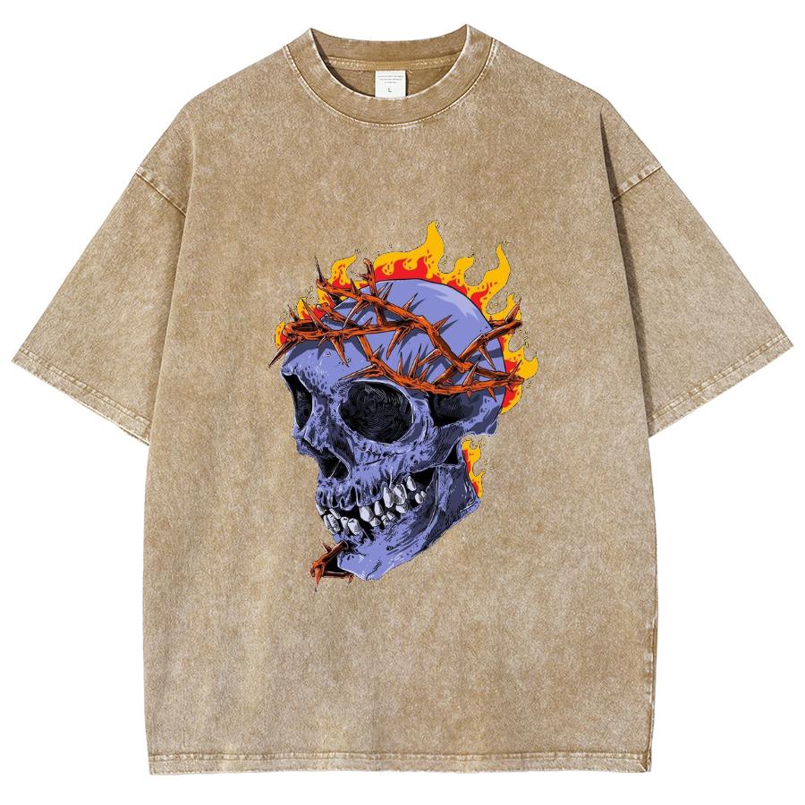 Skull Flame Print Women's T-Shirt Fashion Design High Street Hip Hop Short Sleeve Loose ZTE Wash Vintage Top
