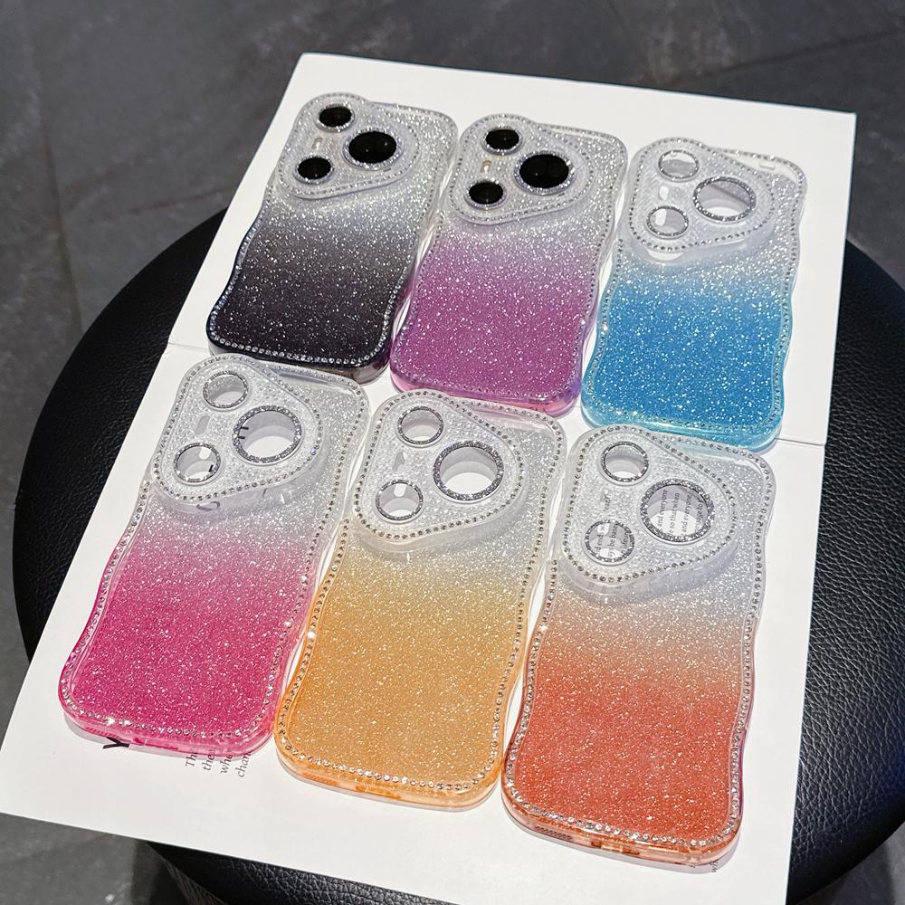 KEYSION Gradient Glitter Jewelled Phone Case for Huawei Pura 70 80 Pro 80 70 Ultra Wavy Border Lens Protector Shockproof Cover