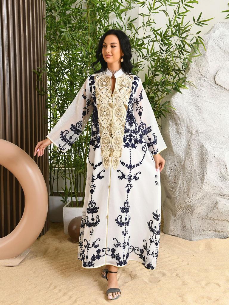 Muslim Women Embroidered Dubai Arabian Loose Dress Evening Dress Eid Robe
