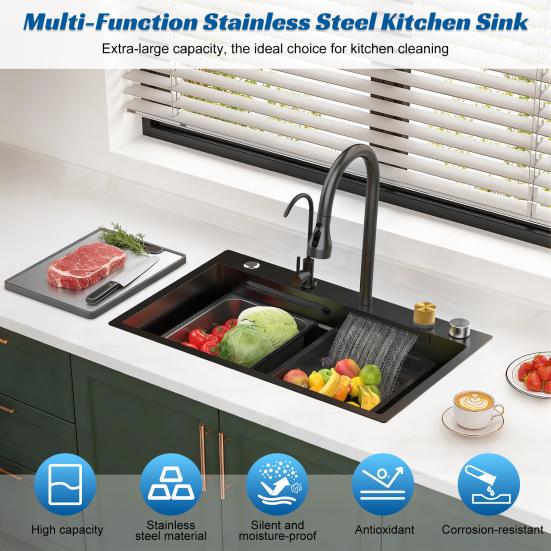 Drop in Single Bowl Bar Sink Black Waterfall Kitchen Sink, Stainless Steel with Cup Rinser, In/Undermount Farmhouse Workstation Multiple Accessories