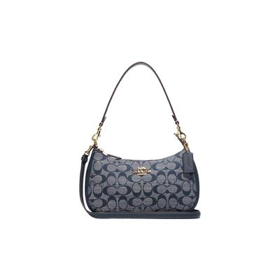Borsa a tracolla Teri 25 classica vecchia fantasia jacquard chiusura con cerniera tessuto chambray pelle di mucca scritta a mano sotto l'ascella media dimensione donna blu denim