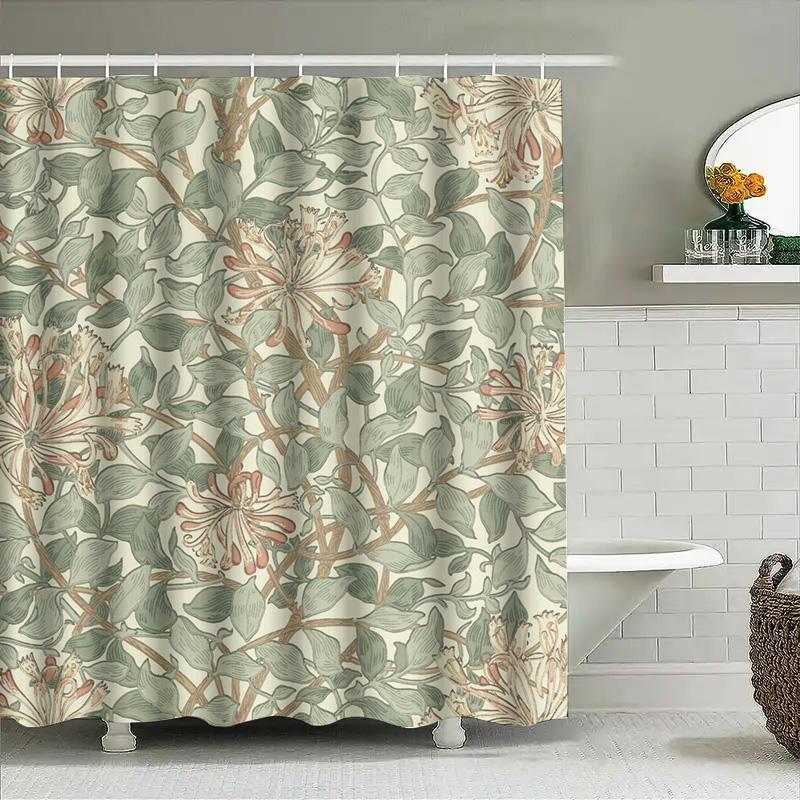 Bathroom Shower Curtain Featuring A Beautiful Floral Design With Green Leaves In Pastel Colors For Home Decor White Bath Mat Set