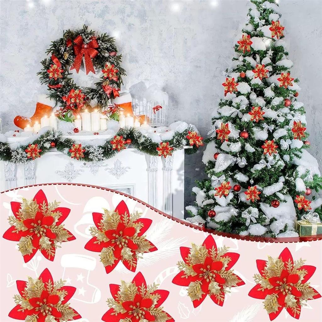 5/10Pcs 14.5cm Christmas Decoration Artifical Flower Ornaments Pink Red Gold Glitter Fake Flowers For Xmas Tree Home Decor