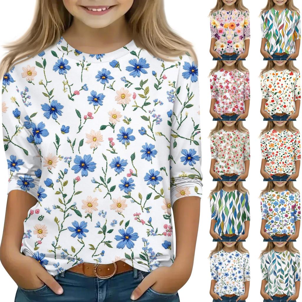 Print Tops For Youth Girls 5-16 Years Round Neck 3/4 Sleeves T-Shirts Trendy Tops Outfit Tees