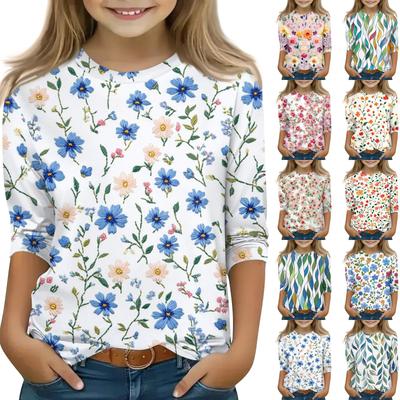 חולצות מודפסות לבנות נוער צווארון עגול שרוולי 3/4 חולצות טי טרנדיות חולצות לאאוטפיט