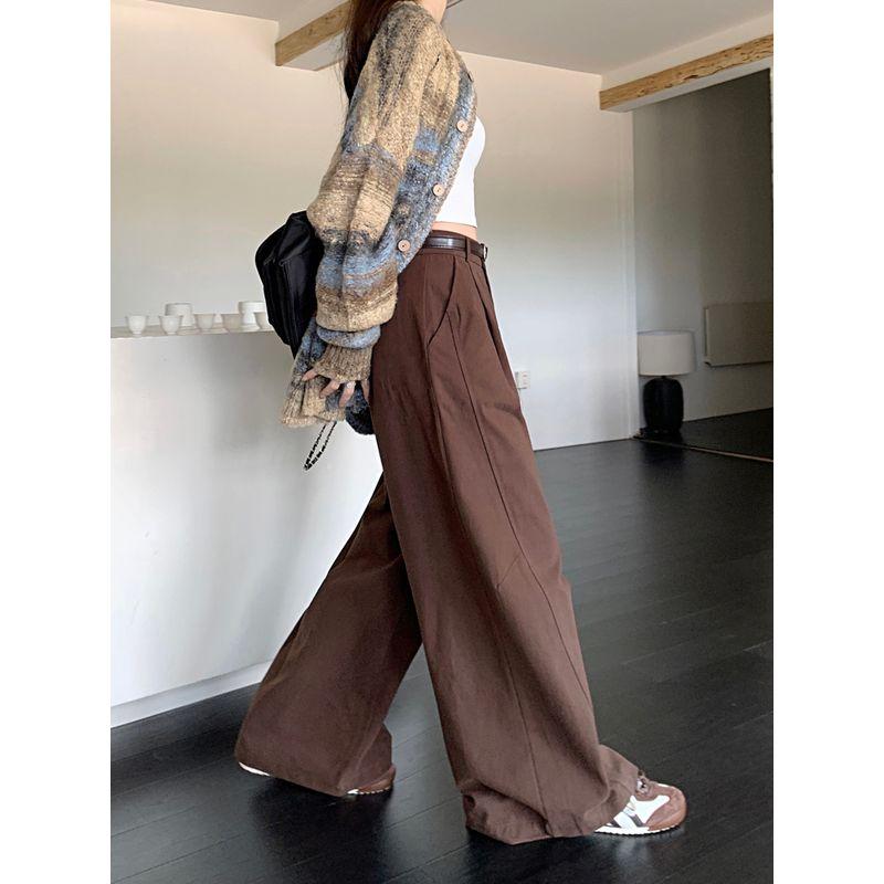 

Kumikumi Idle Style Solid Drape High Waist Casual Pants Women Autumn Versatile Loose Slimming Wide Leg Pants Trousers Curry color L
