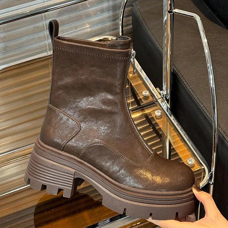 Chunky Women Ankle Boots Platform Designer Zippers Mid Heels Shoes 2025 Trend Winter Fad Goth Gladiator Motorcycle Botas Mujer