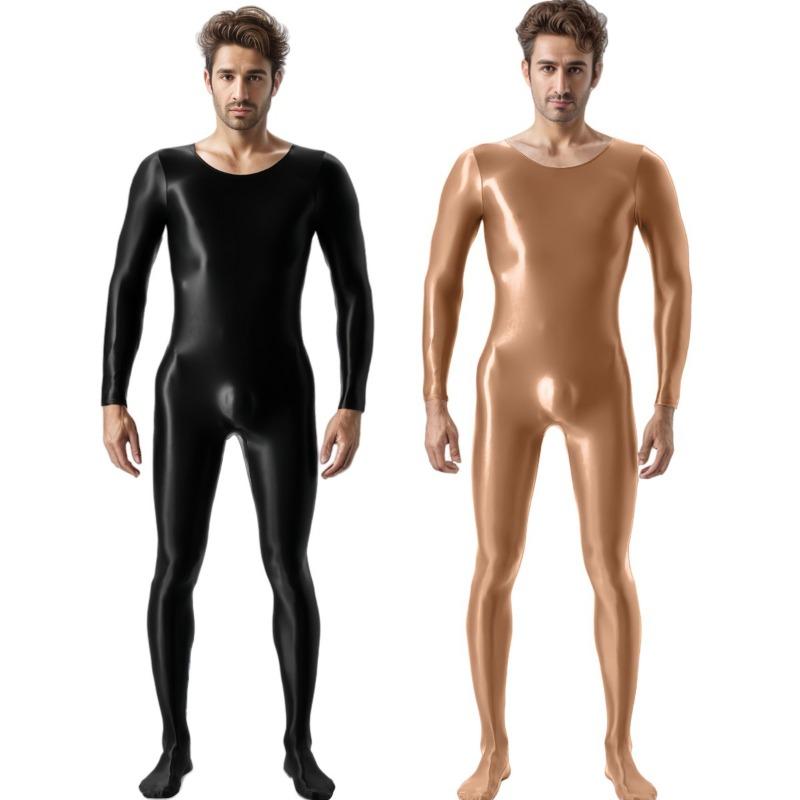 Mens Oil Glossy Bodystocking Full Bodysuit Long Sleeve Unitard Jumpsuits Stretchy Sheer Silky Romper Club Party Workout Onesie