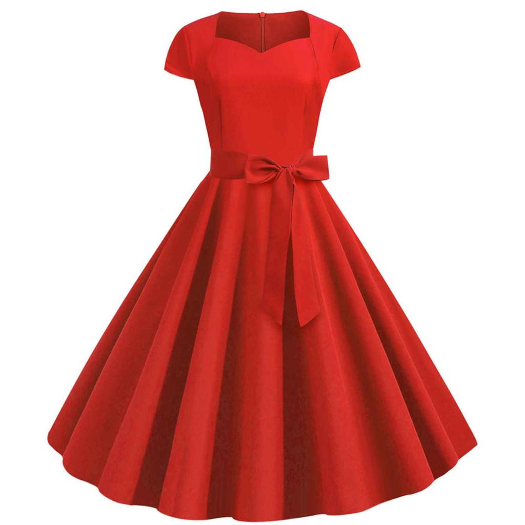 Women's Fashion Casual Slim Fit Solid Colour  Vintage Dress With Belt With Large Hem