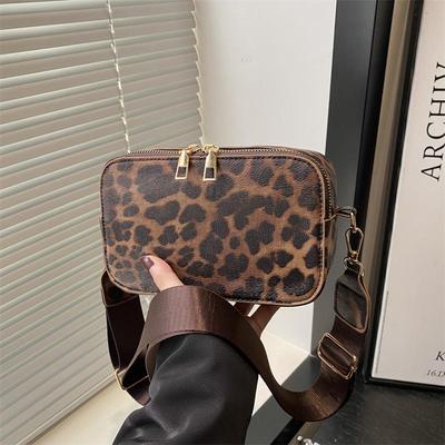 Torba crossbody z podwójnym zamkiem w panterkę z retro szerokim paskiem - Damska stylowa torba do dojazdów