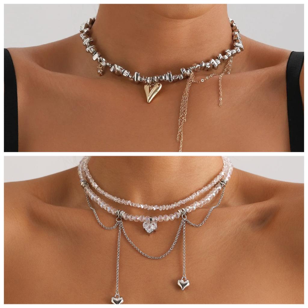 Y2K Heart Beaded Necklace Women Boho Irregular Crystal Class Gravel Clavicle Chain Cool Y2K Choker Exquisite Fashion Jewelry