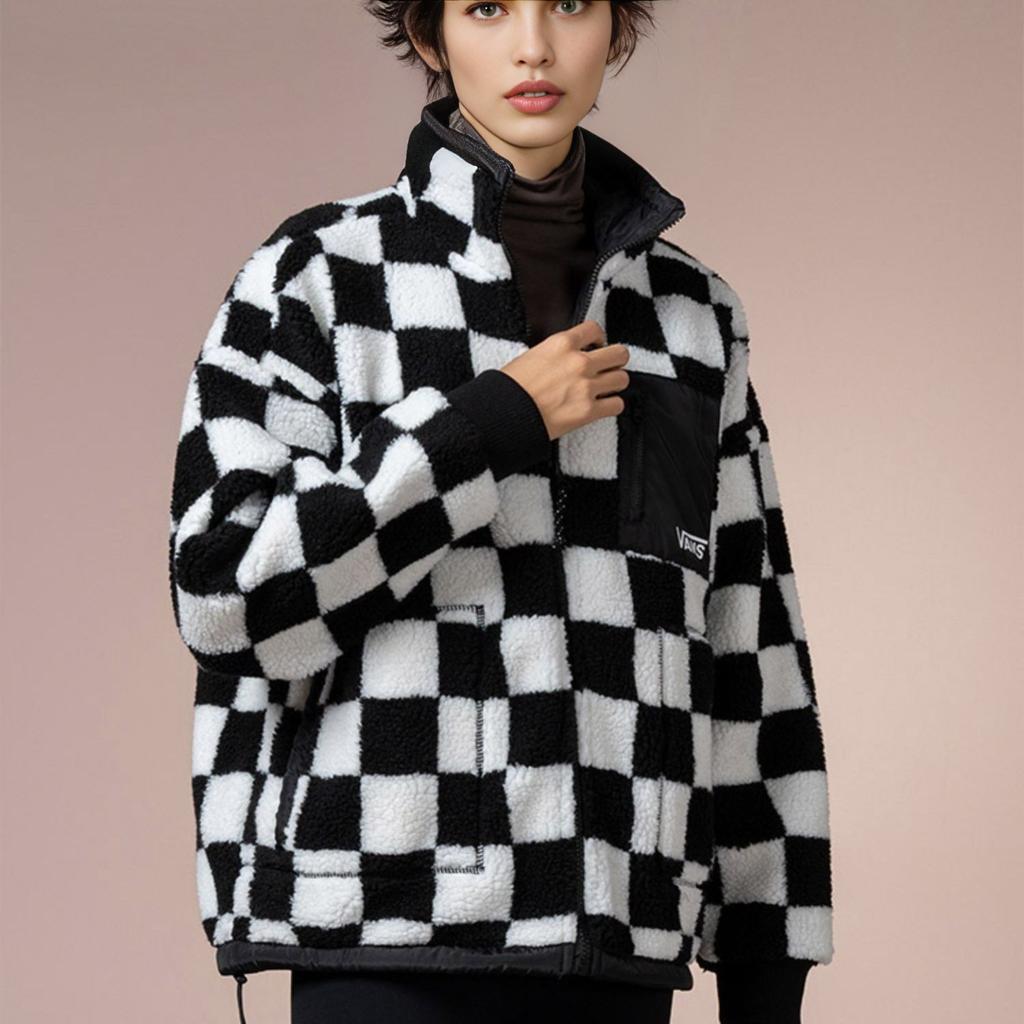 Vans Checkered Stand Collar Zip Fleece Jacket Women Jackets Black White VN000H0RCY4