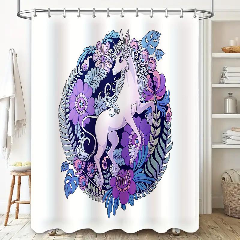 Floral Unicorn Shower Curtain SetsFantasy Forest BackdropMagical Animal DecorWhimsical Home TextileCute Unicorn Wall ArtBathroom