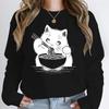 Cat Lover Cartoon Sweatshirt Cat Eating Lamian Noodles Printed Fashion Casual Hoodie Japanese Noodle Cat Vintage Women's Clothing