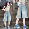 Girls' Denim Shorts Tencel Shorts Summer Thin Mid-to-large Child Shorts Girls' Pants Mid-length Pants Age 5-14 Years