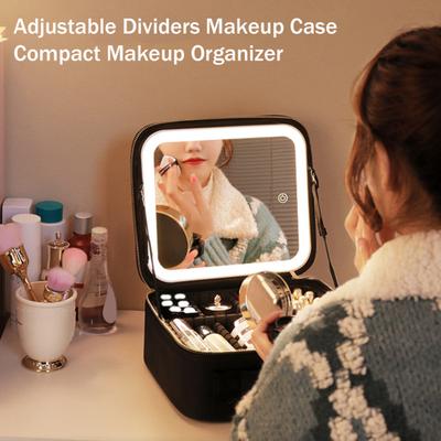 Makeup Bag with LED Mirror Travel Cosmetic Organizer with Adjustable Dividers USB Rechargeable Light-up Makeup Case with 3 Color Lights for