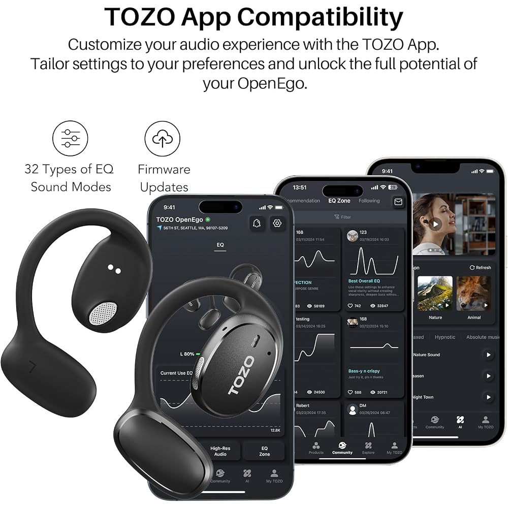 TOZO OpenEgo Wireless Earphones, Bluetooth 5.3, Open-Ear Design, Superior Fit, Doesn't Block Ears, LED Display, AI Noise Reduction During Calls, Appro