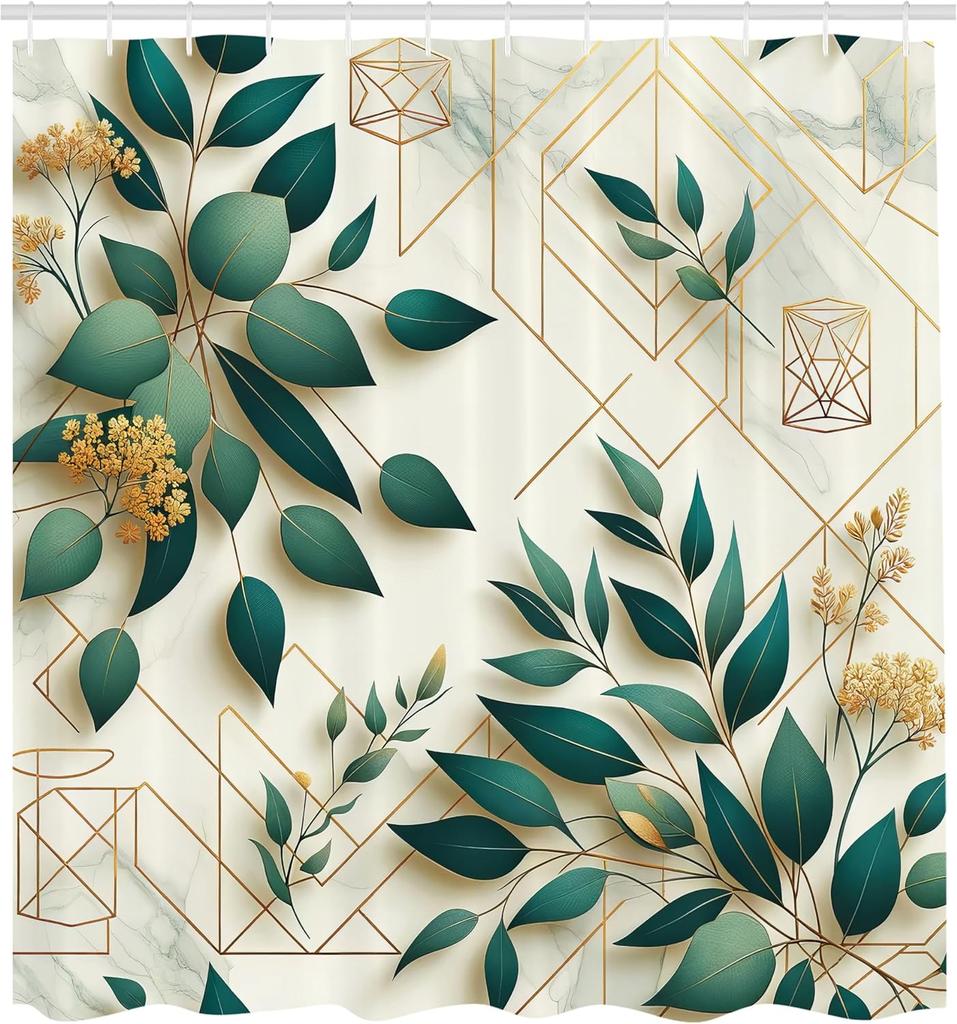 Eucalyptus Leaves Shower Curtain, Modern Minimal Polygonal Shapes Autumn Blooms with Leaf Art, Cloth Fabric Bathroom D