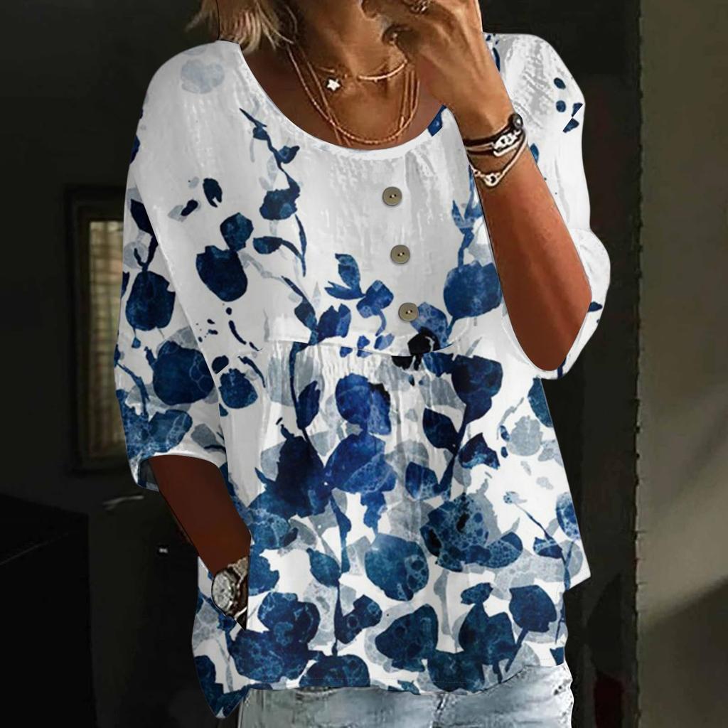 Women's Fashion Casual Three-quarter Sleeve Loose Round Neck Button Floral Print Top
