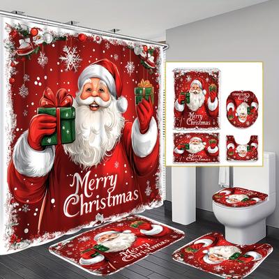 4Pcs Bathroom Shower Curtain Set Christmas Santa Claus  Pattern Bathroom Curtain With 12 Hooks Non Slip Rugs Toilet Cover Mat Bathroom Partition
