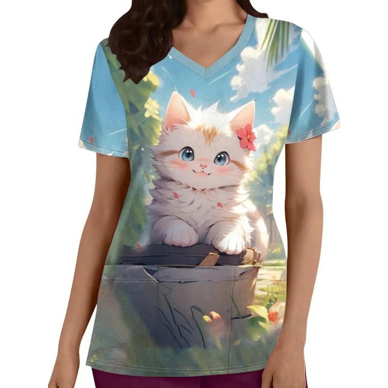 Woman Cute Cat Pattern Print V-Neck Short Sleeve Nurse Uniform Tops Comfortable with Pockets Medical Clothes