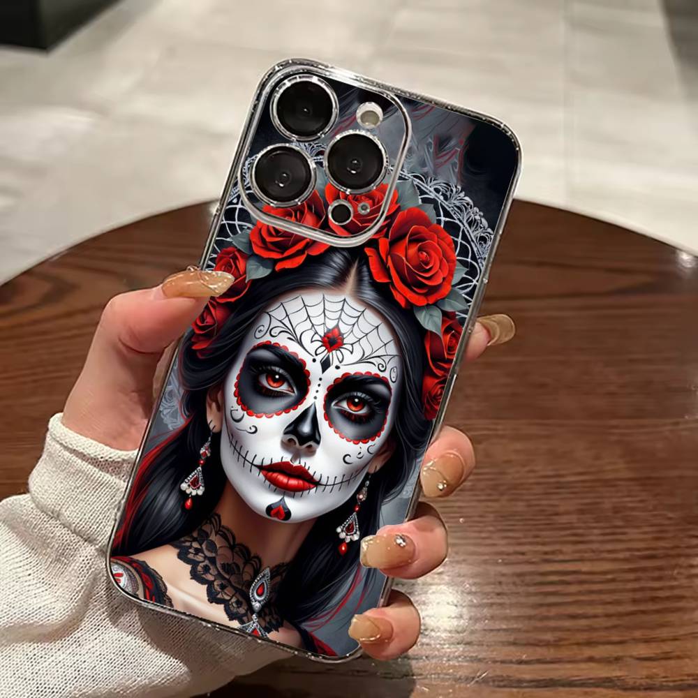 Day of the Dead Catrina Skull Clear Hard Phone Case For iPhone 17 16 15 14 13 12 11 Mini Pro Max Plus Transparent Cover