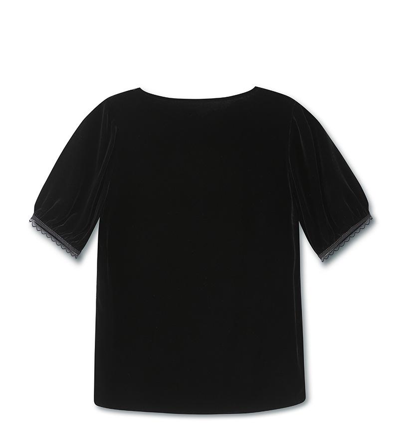 Wysokiej jakości jedwabny aksamitny top z kwiatowym haftem i koralikami, z krótkim rękawem i okrągłym dekoltem - Letnia elegancja dla kobiet