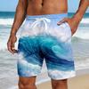 Men's Seawater Waves Printed Shorts Mid Waist Elastic Drawstring Side Pockets Hawaiian Beach Style for Spring Summer
