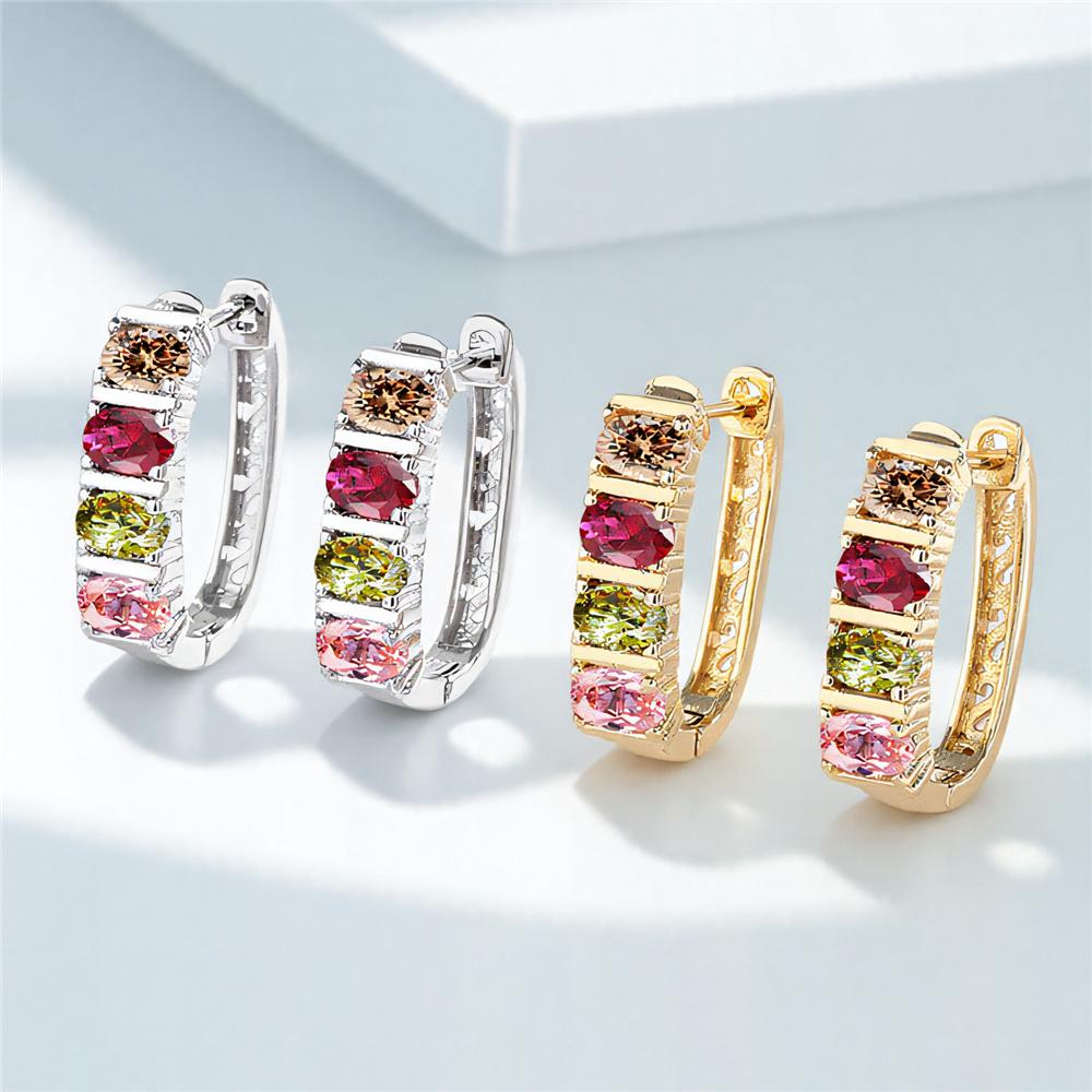 Cute Small Rainbow Oval Zircon Stone Hoop Earrings For Women Vintage Female Fashion Gold Color Wedding